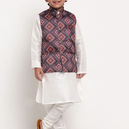 Benstoke Boys White Printed Kurta with Churidar and Nehru Jacket-picture-29