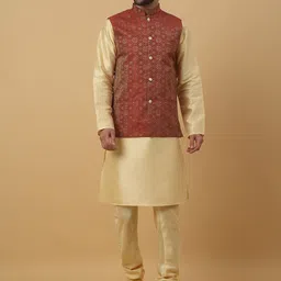 KRAFT INDIA Jacquard Mandarin Collar Straight Kurta & Churidar With Nehru Jacket-image-100