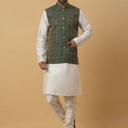 KRAFT INDIA Mandarin Collar Long Sleeves Regular Kurta With Churidar & Nehru Jacket-image-120