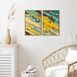 999Store Set Of 2 Yellow & Green Printed Landscape Abstract Painting Wall Art-1