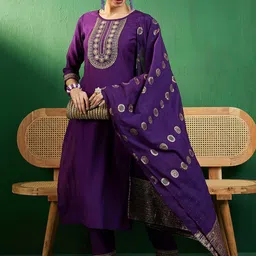 Sangria Zari Embroidered Round Neck Kurta Sets-46