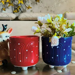 NIYARA Blue & Red 2 Pieces Textured Ceramic Planters-24