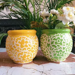 NIYARA Yellow & Green 2 Pieces Abstract Ceramic Planters-5