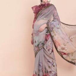 Sangria Lavender & Pink Floral Printed Sequinned Organza Saree-picture-21