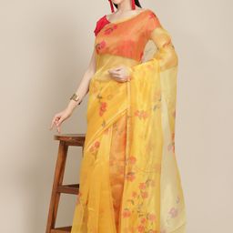 Anouk Yellow & Orange Floral Celebrity Organza Saree-picture-11