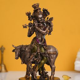 eCraftIndia Brown Lord Krishna Playing Flute With Cow Showpiece-image-14