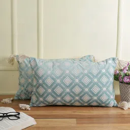eyda Turquoise Blue & White 2 Pieces Velvet Embroidered Velvet Rectangle Cushion Covers-image-90