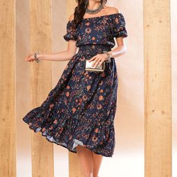 Globus Allover Floral Printed Smocked Waist Fit & Flare Midi Dress-image-59