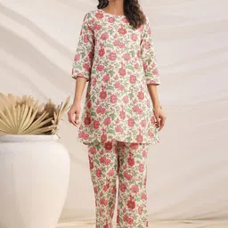 KALINI Pure Cotton Floral Printed Tunic & Trousers Co-Ord Set-54