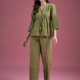 DressBerry Self Design Schiffli V-Neck Flared Sleeves Pure Cotton Top With Palazzo-12
