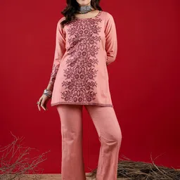 Sangria Peach Self Design Three-Quarter Sleeves Tunic With Trouser-picture-41