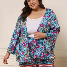 DEEBACO Plus Size Printed Open-Front Shrug & Shorts Co-Ords-8