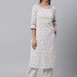 Aurelia Women White Floral Print Cotton Blend Kurta Set with Palazzos-picture-20