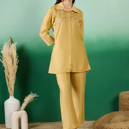 Sangria Yellow Floral Embroidered Shirt & Trousers Co-Ords-picture-23