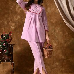 YELLOW PARROT Embroidered Pure Cotton Top With Trousers Co-Ords-image-87