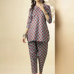 KALINI Floral Printed V-Neck Three-Quarter Sleeves Printed Tunic & Trousers-image-72