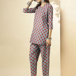 Shaily Sky Blue Floral Printed V -Neck Tunic With Trousers-picture-46