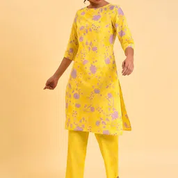 W Yellow & Purple Floral Printed Pure Cotton Kurta With Trousers-picture-40