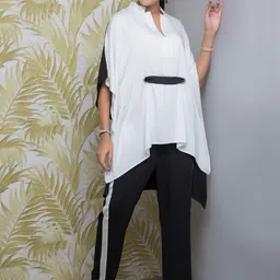 Rhe-Ana Mandarin Collar Flared Sleeve Assymetric Kaftan Co-Ords With Belt-image-43