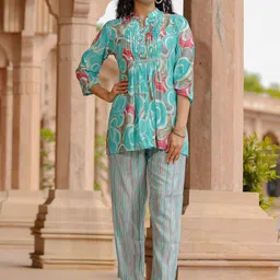 LALI JAIPUR Abstract Printed Pin Tuck Mandarin Collar Pure Cotton Tunic With Trousers-picture-11