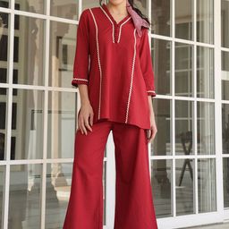 JISORA V Neck Pure Cotton Printed Top With Palazzo Co-Ords-image-55