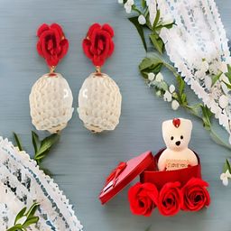 UNIVERSITY TRENDZ White & Red Earrings & Teddy Bear Combo Gift Set-30