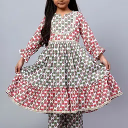 BAESD Girls Floral Printed Notched Neck Empire Gotta Patti Pure Cotton Kurta with Palazzos-image-15