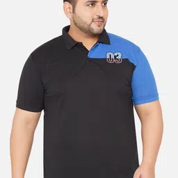 John Pride Plus Size Men Black & Blue Colourblocked Polo Collar T-shirt-53