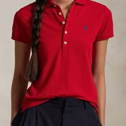 Polo Ralph Lauren Women Solid Polo Collar Cotton T-shirt-image-58