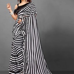 B4ME COM White & Black Striped Sequinned Pure Georgette Saree-picture-3