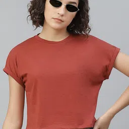The Roadster Lifestyle Co Women Rust Brown Solid Round Neck Pure Cotton T-shirt-picture-52