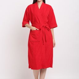 Creeva Belted Knee Length Terry Cotton Bath Robe-image-27