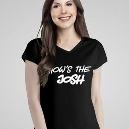 Pootlu Women Typography Printed V-Neck Extended Sleeves Monochrome Applique T-shirt-image-52