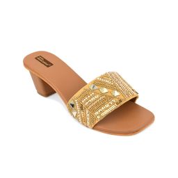 DESI COLOUR Open Toe Ethnic Embellished Block Heels-5