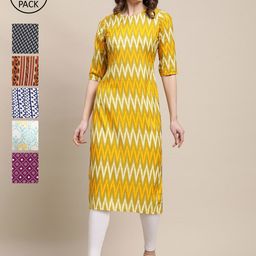 7Threads Women Pack of 6 Geometric Printed Crepe Kurta-image-45