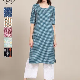 KALINI Women Pack Of 6 Ethnic Motifs Printed Crepe Kurta-image-86