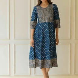 KALINI Floral Printed Round Neck Cotton Fit & Flare Midi Ethnic Dress-image-104