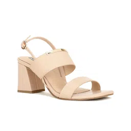 Bata Textured Open Toe Block Heels With Buckle Closure-12