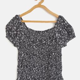 Marks & Spencer Girls Charcoal Grey & White Ditsy Floral Print Smocked Crop Bardot Top-picture-14