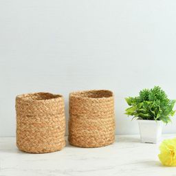 Homefab India Beige 2 Pieces Braided Woven Design Jute Planter Baskets-picture-0