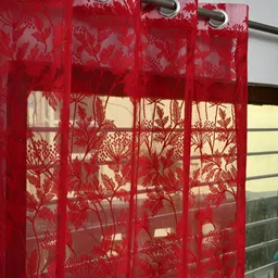 RIDHAAN Maroon 2 Pieces Floral Sheer Window Curtains-6
