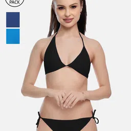FIMS Women Pack Of 3 Black, Blue & Navy Blue Solid Satin Bikini Lingerie Set-image-34