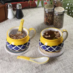 CDI Blue & Yellow Set of 2 Dishwasher And Microwave Safe Ceramic Glossy Cups & Spoons-57
