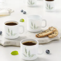 Larah by BOROSIL White & Green Printed Opalware Glossy Mugs Set of 6 Cups and Mugs-image-11