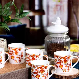 SONAKI White & Orange 6 Pieces Floral Printed Bone China Glossy Mugs 280ml Each-3