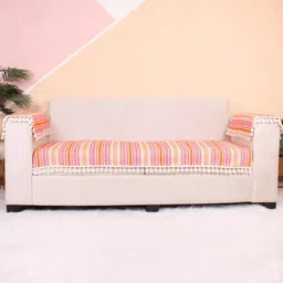 STITCHNEST Pink & Yellow Jacquard Printed 1-Seater Sofa Cover-image-7