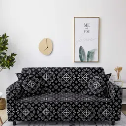 Aura Black & White Ethnic Motif Printed 3-Seater Sofa Cover-image-34
