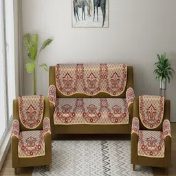 MULTITEX Set of 6 Maroon & Beige Printed Sofa Cover-9