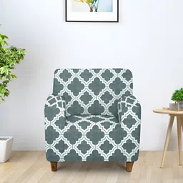 Aura Grey & White Printed Stretchable 1 Seater Sofa Cover With Arms-14