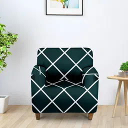 Cortina Green & White Printed Stretchable 1-Seater Sofa Cover-image-84